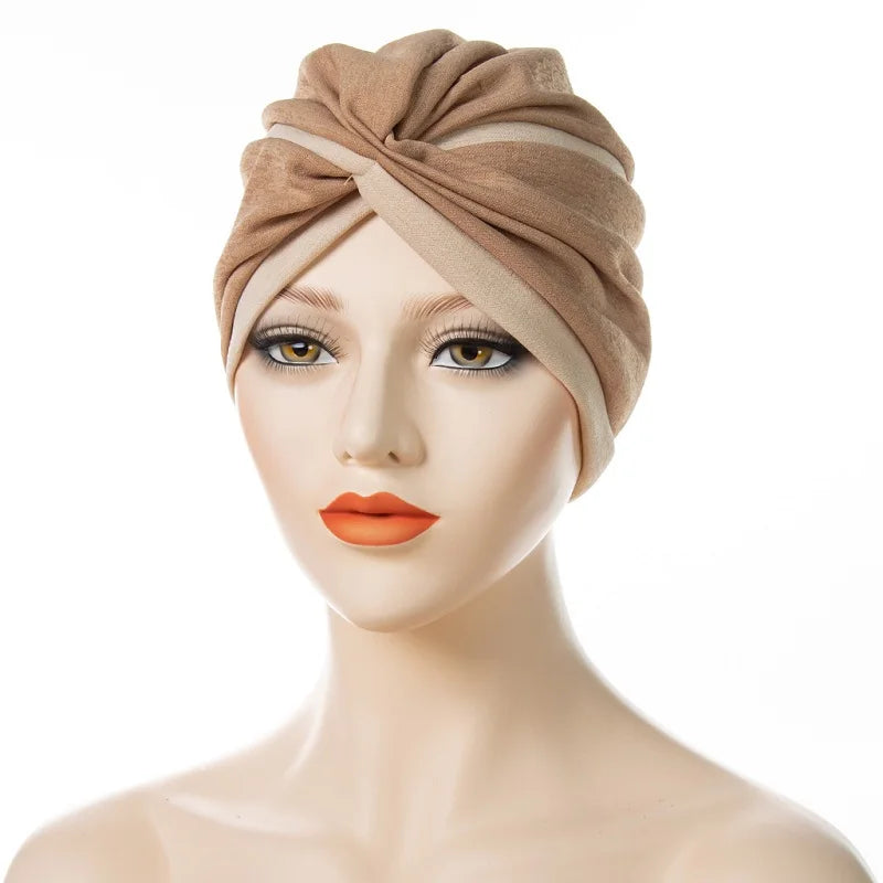 New Women Fashion Twisted Indian Hats Two Color Stitched Forehead Cross Folded Muslim Hijab Ladies Pleated Hijab Hat