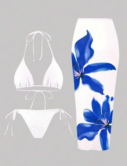 Sexy Print Three-piece Swimsuit Set Charms Lilies Limited Edition Bikini Set Attractiveness Sensuality Fashionable Women's Wear
