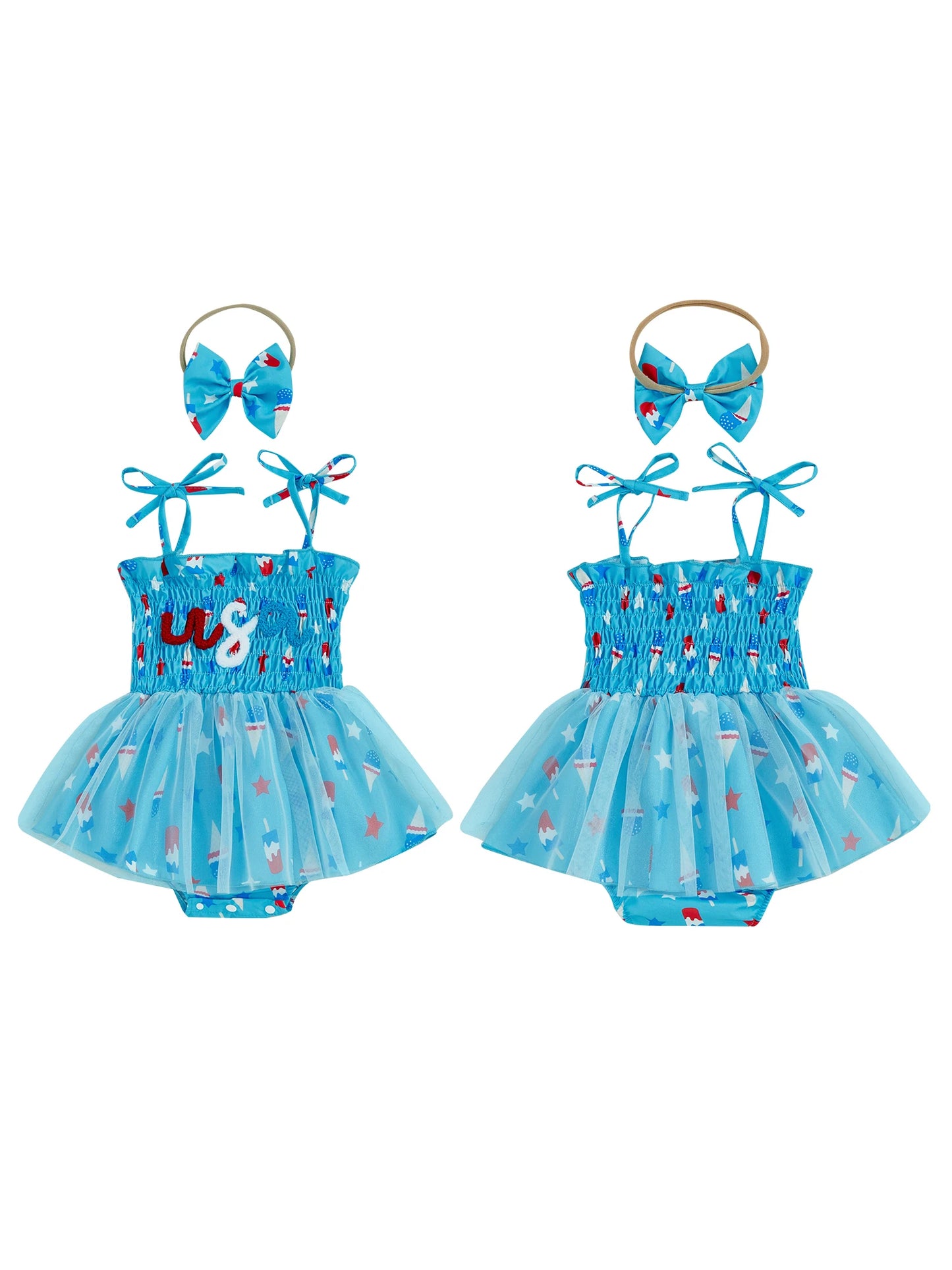 Infant Girls Patriotic Romper Dress with Sleeveless Design Embroidered Letters and Matching Headband for Independence Day