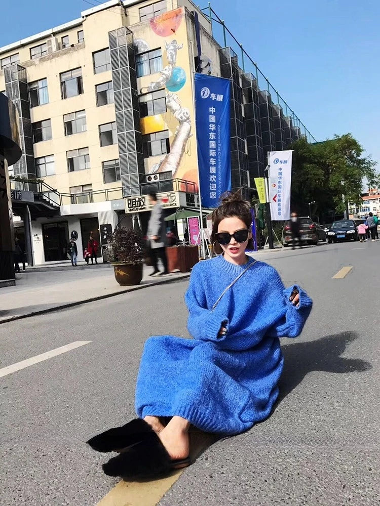 Winter Women Dress Fall Sweater Women Dress Long Sleeve Knitted Dresses Maxi Vintage Oversize Dresses Knitting Thick Warm Purple