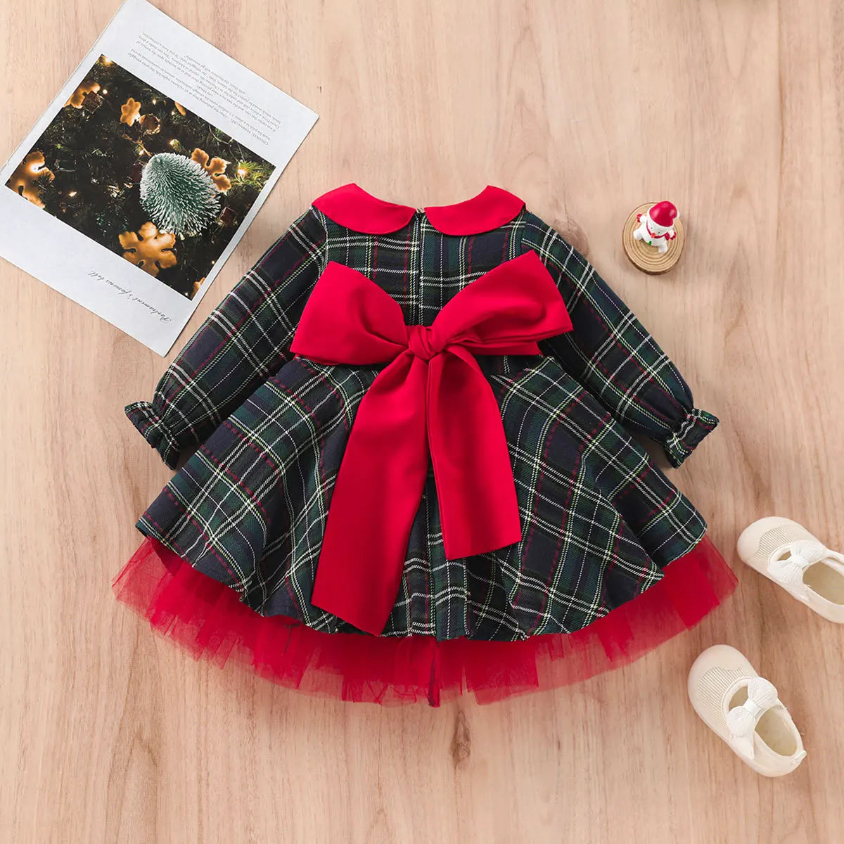Christmas Girls Cosplay Dress Princess Plaid Red Bow Long-Sleeved Dress Xmas Costumes New Year Christmas Party Dress for Baby
