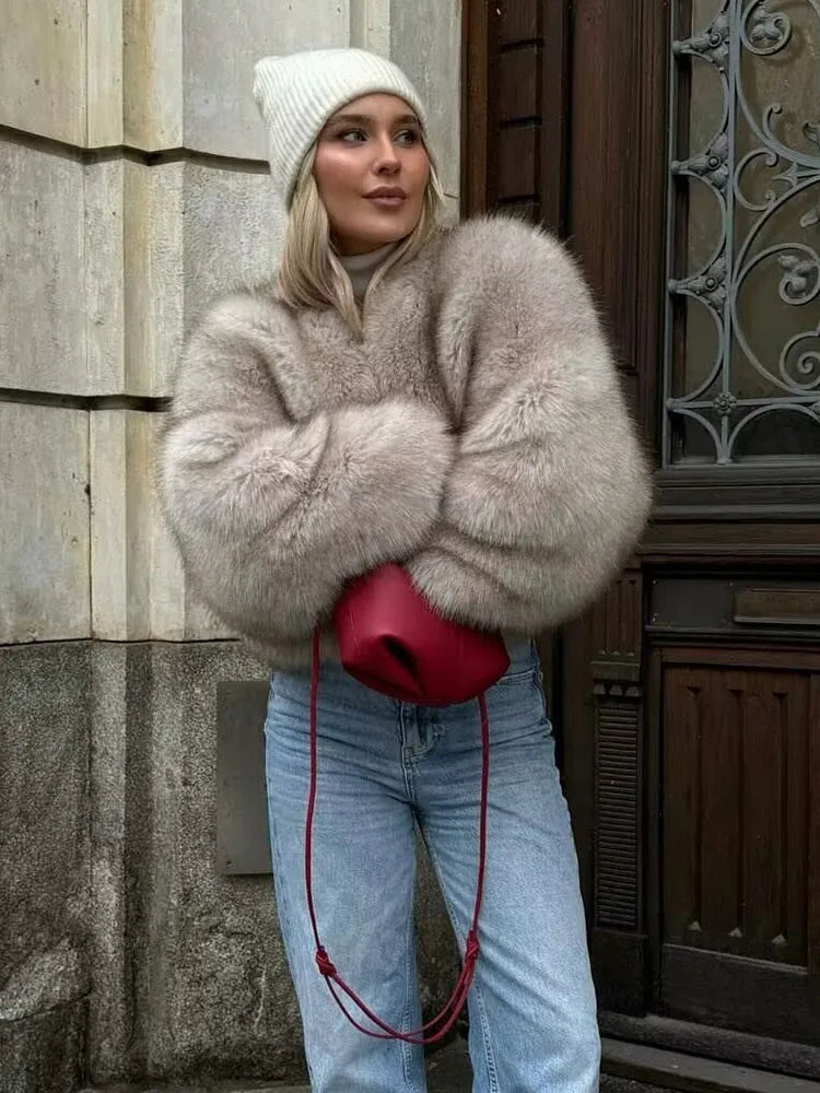 HH Women Winter Fashion Artificial Fur Effect Short Jacket Coats Female O-Neck Vintage Long Sleeve Loose Warm Top Streetwear