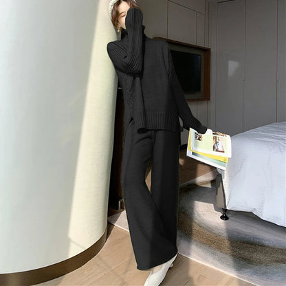 Autumn Winter 2 Pieces Women Sets Knitted Tracksuit 2025 New Turtleneck Sweater and Wide Leg Jogging Pant Pullover Suits