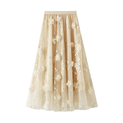 Korean Style Women's Floral Embroidered Mesh Skirt Harajuku High Waist A Line Midi Skirts Elegant Tulle Skirt Faldas Mujer