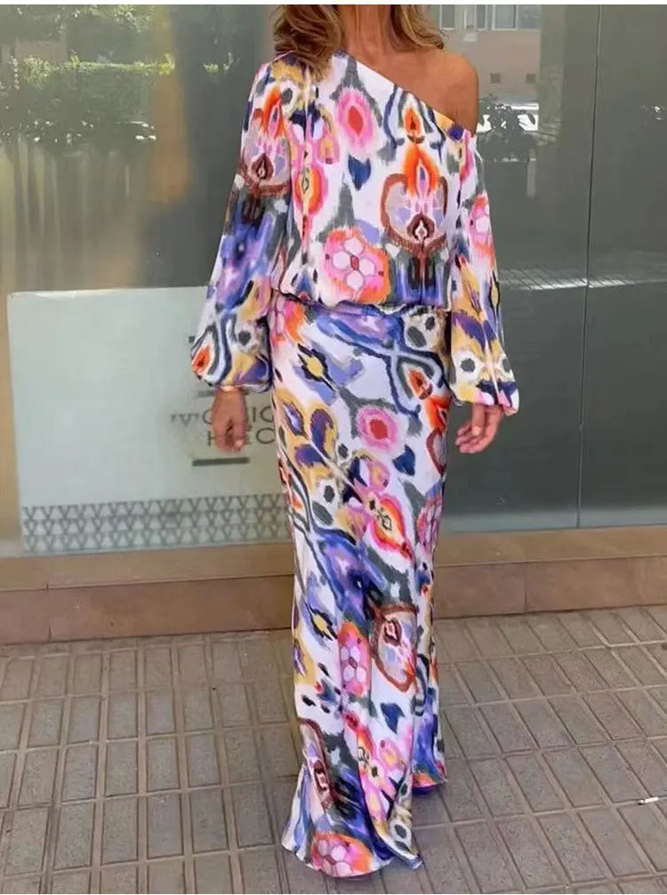 Autumn Casual Loose Print Two-piece Women Off Shoulder T-shirt Asymmetrical Long Sleeved Top And Half Body Fishtail Skirt Set