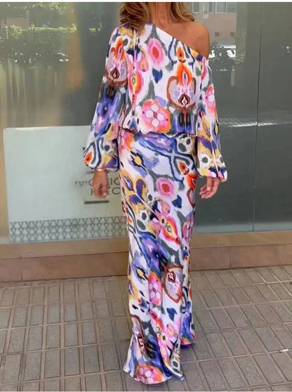 Autumn Casual Loose Print Two-piece Women Off Shoulder T-shirt Asymmetrical Long Sleeved Top And Half Body Fishtail Skirt Set