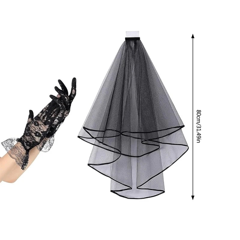Elegant black lace veil and gloves set for sophisticated costumes or special occasions