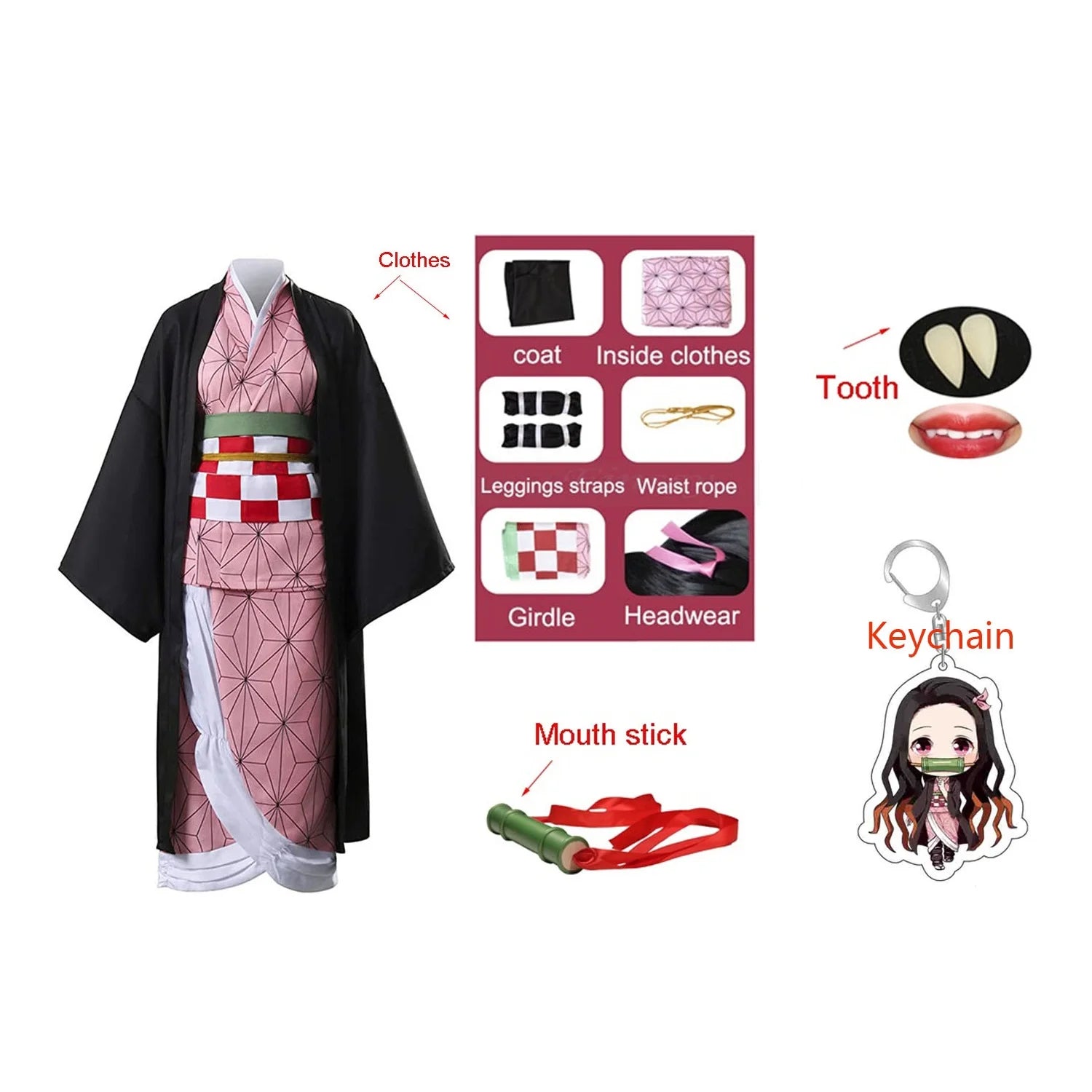 Demon Slayer Nezuko cosplay costume with multi-piece outfit and accessories for anime fans