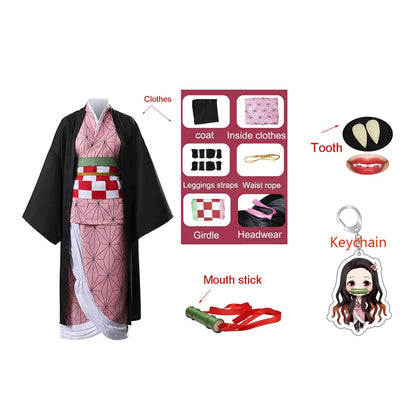 Demon Slayer Nezuko cosplay costume with multi-piece outfit and accessories for anime fans