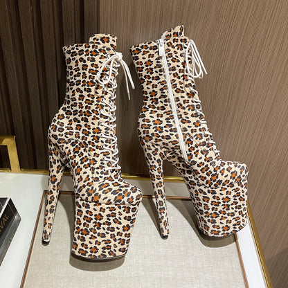 Sexy Fetish Leopard 20cm/8Inch Women's high-heeled Ankle Boots Lace-up Zip Platform Suede Pole Dance Shoes Large Size 44 WESTERN