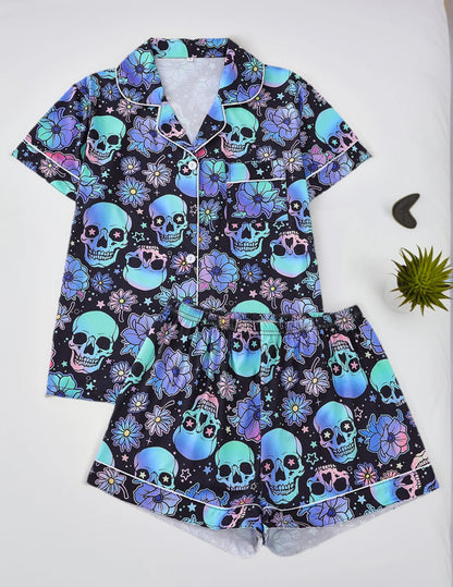 Women Halloween Pumpkin Bat Print Pajama Set,Breathable Lapel Loungewear Short-Sleeved Roll-Neck Shirt and Loose Shorts S-XXL