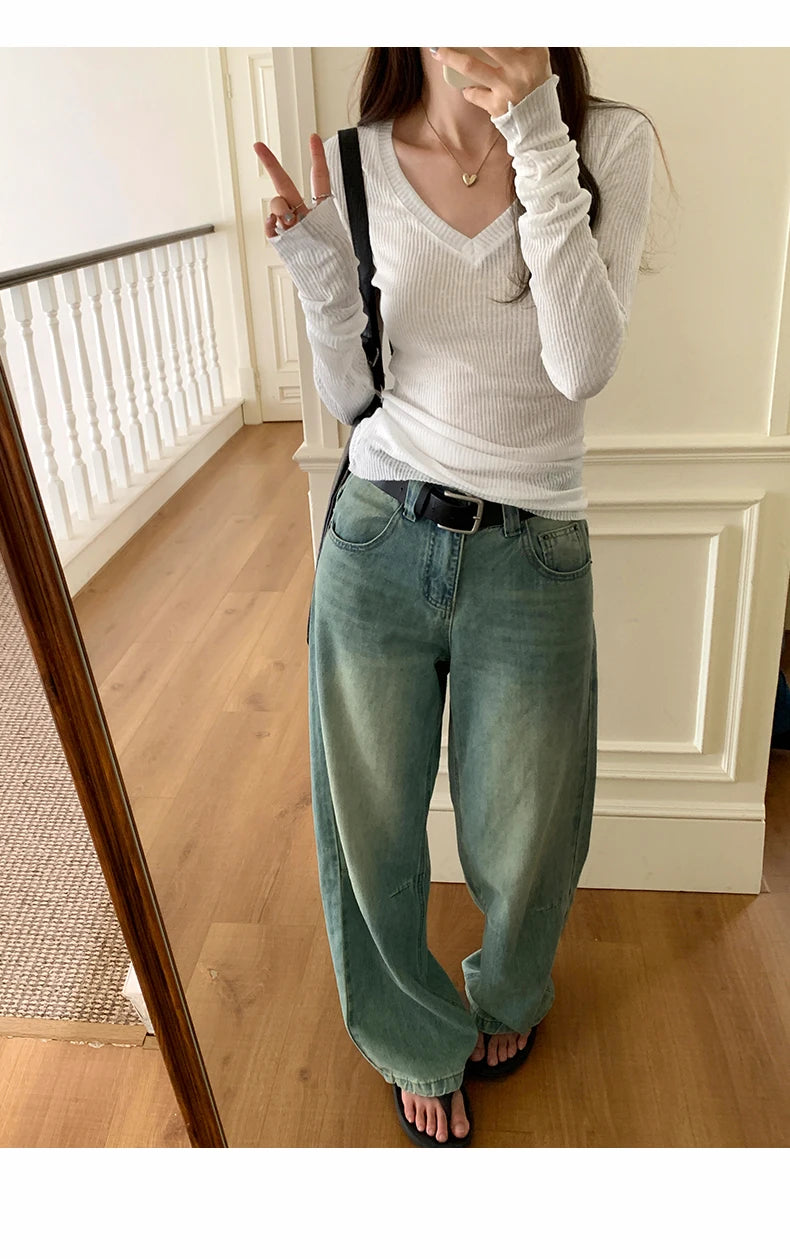 Autumn Sexy Classic V-neck Knitted Female T-shirts New Elastic Fashion Slim Simple Casual Pure Color Long Sleeves Women T-shirts