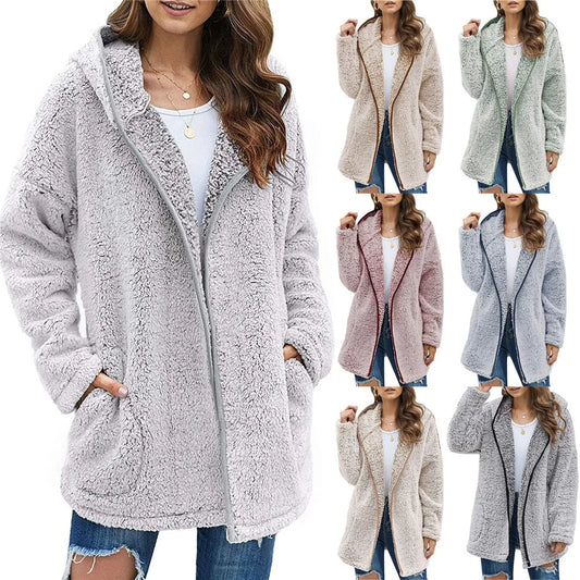 Autumn and Winter New Casual Solid Colour Lapel Hooded Long-sleeved Plush Sweater Fleece Jacket