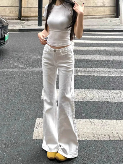Fashionable White Low Waist Slightly Flared Jeans for Women, Fashionable and Versatile Casual Loose Wide-leg Bell-flop Pants