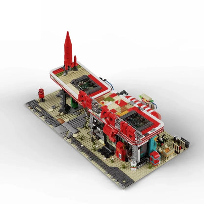Movie Game Red Abandoned Gas Station Architecture Doomsday MOC House Modular Building Blocks Model Kit Adult Kid Gift 2221PCS