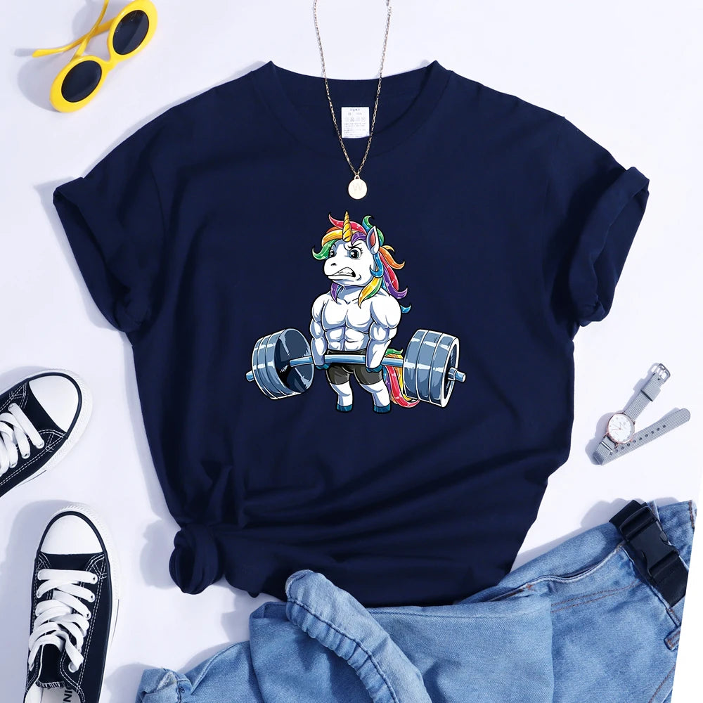 Funny Gym Unicorn Fitness Cute Prints Women T-shirt Summer Casual Short Sleeve Street Loose Breathable Tee Clothes