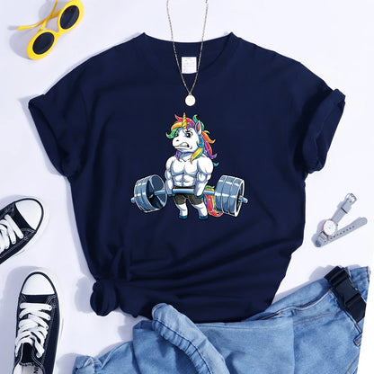 Funny Gym Unicorn Fitness Cute Prints Women T-shirt Summer Casual Short Sleeve Street Loose Breathable Tee Clothes