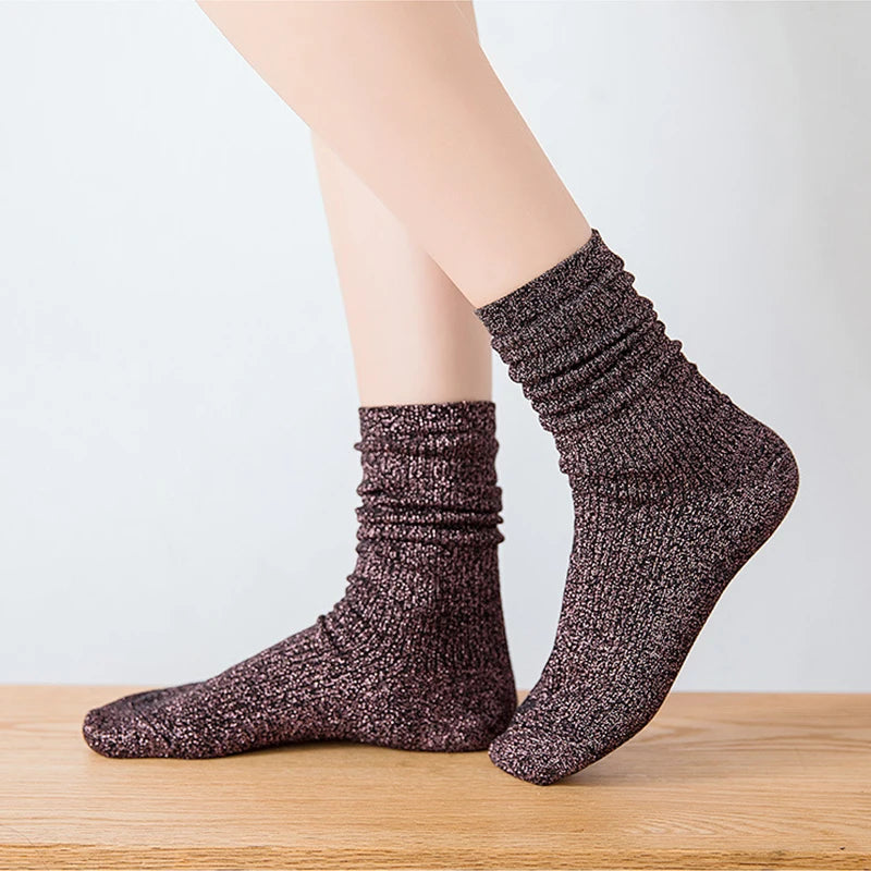 Fashion Women's Socks Golden Silver Silk Socks Spring Autumn Harajuku Retro Shiny Filigree Socks Women Breathable Glitter Socks