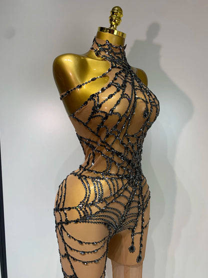 STOCK Sparkly Diamond Women Sexy Mesh Jumpsuit Nightclub Bar Party Show Gogo Dancer Clothing Drag Queen Outfit Stage Costume