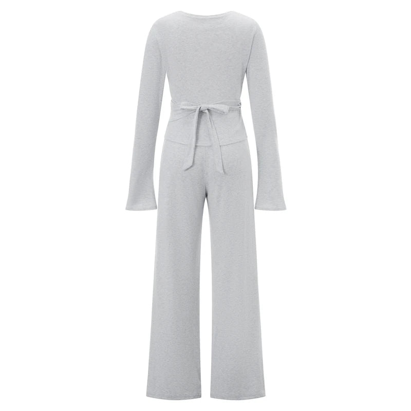 Women Fashion Lounge Set Vintage 2 Piece Outfit V Neck Waist Tie T-shirt + Elastic Waist Pants Autumn Long Sleeve Crop Tops