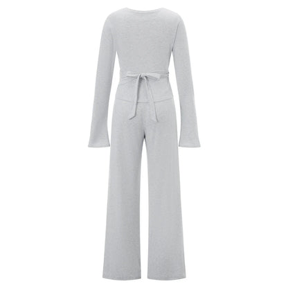 Women Fashion Lounge Set Vintage 2 Piece Outfit V Neck Waist Tie T-shirt + Elastic Waist Pants Autumn Long Sleeve Crop Tops