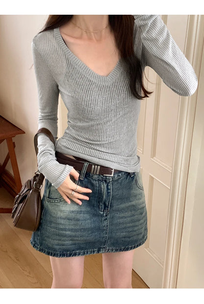 Autumn Sexy Classic V-neck Knitted Female T-shirts New Elastic Fashion Slim Simple Casual Pure Color Long Sleeves Women T-shirts