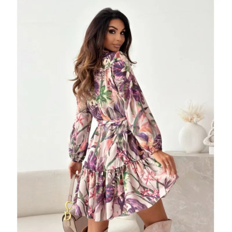 Autumn Long Sleeved Elegant Women's Dress With Plant Floral Print Lantern Sleeves Half Open Collar And Waist Cinching Midi Dress