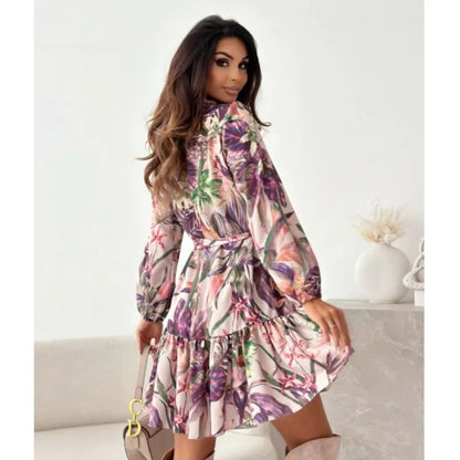 Autumn Long Sleeved Elegant Women's Dress With Plant Floral Print Lantern Sleeves Half Open Collar And Waist Cinching Midi Dress