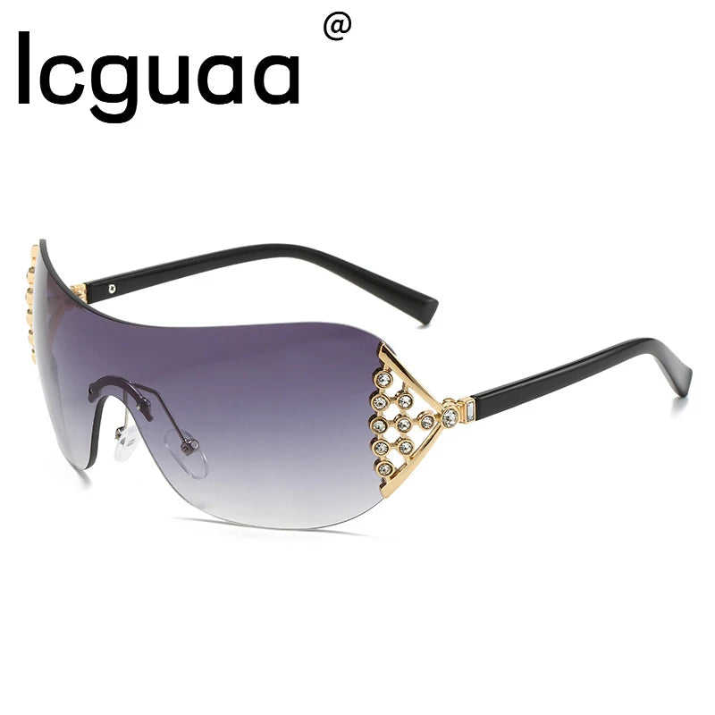 Luxury One-Piece Rimless Sunglasses Oversized Diamond Brand Designer Sun Glasses for Women Steampunk Eyewear UV400 Oculos De Sol