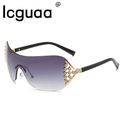 Luxury One-Piece Rimless Sunglasses Oversized Diamond Brand Designer Sun Glasses for Women Steampunk Eyewear UV400 Oculos De Sol