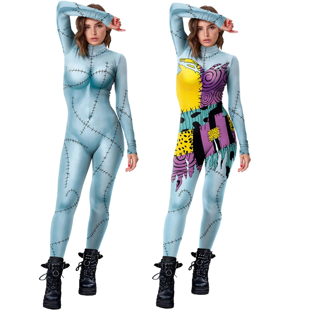EtherealBe Nightmare Before Christmas Sally cosplay costume featuring detailed patchwork design and form-fitting style