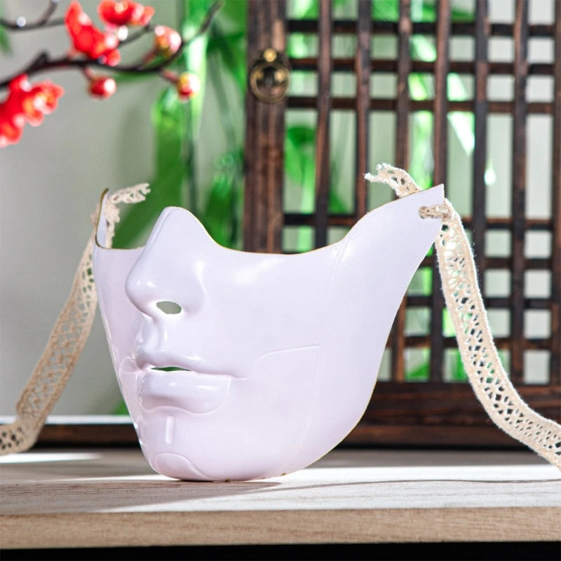 EtherealBe masquerade half face mask in elegant white design with delicate straps for sophisticated events