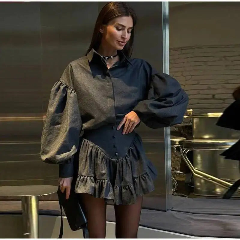 Plaid Print Shirt Ruffles Skirts Set Women Elegant Lapel Button Up Tops Loose Mini A-line Skirt Spring New Lady Chic Outfit LK9Q