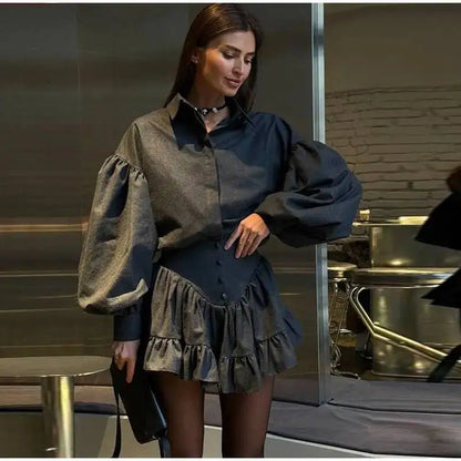 Plaid Print Shirt Ruffles Skirts Set Women Elegant Lapel Button Up Tops Loose Mini A-line Skirt Spring New Lady Chic Outfit LK9Q