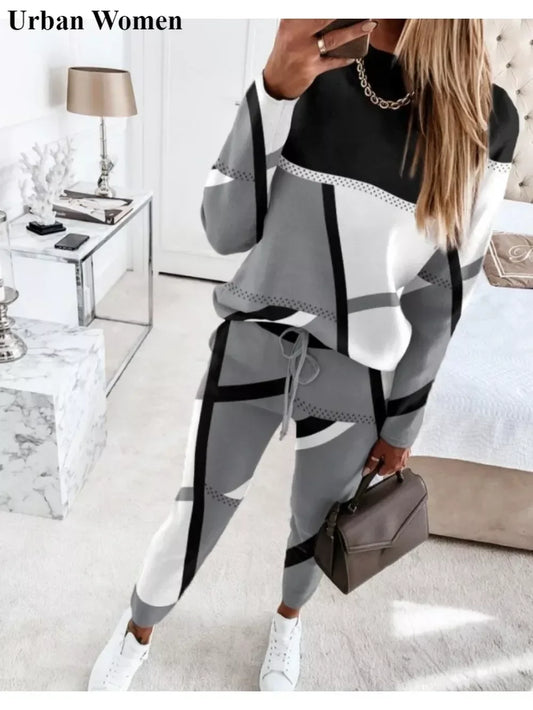 Autumn Winter Fashion Sports Style Two Piece Set Women Casual Printing Long Sleeve Tshirt Pants Two Piece Set Women