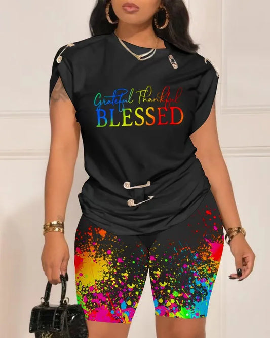 Women's Tops Tees+Shorts Sets Casual 2-piece Combination 2023 Summer Fashion Pin Print T-shirt Shorts  Suit S-XXXL