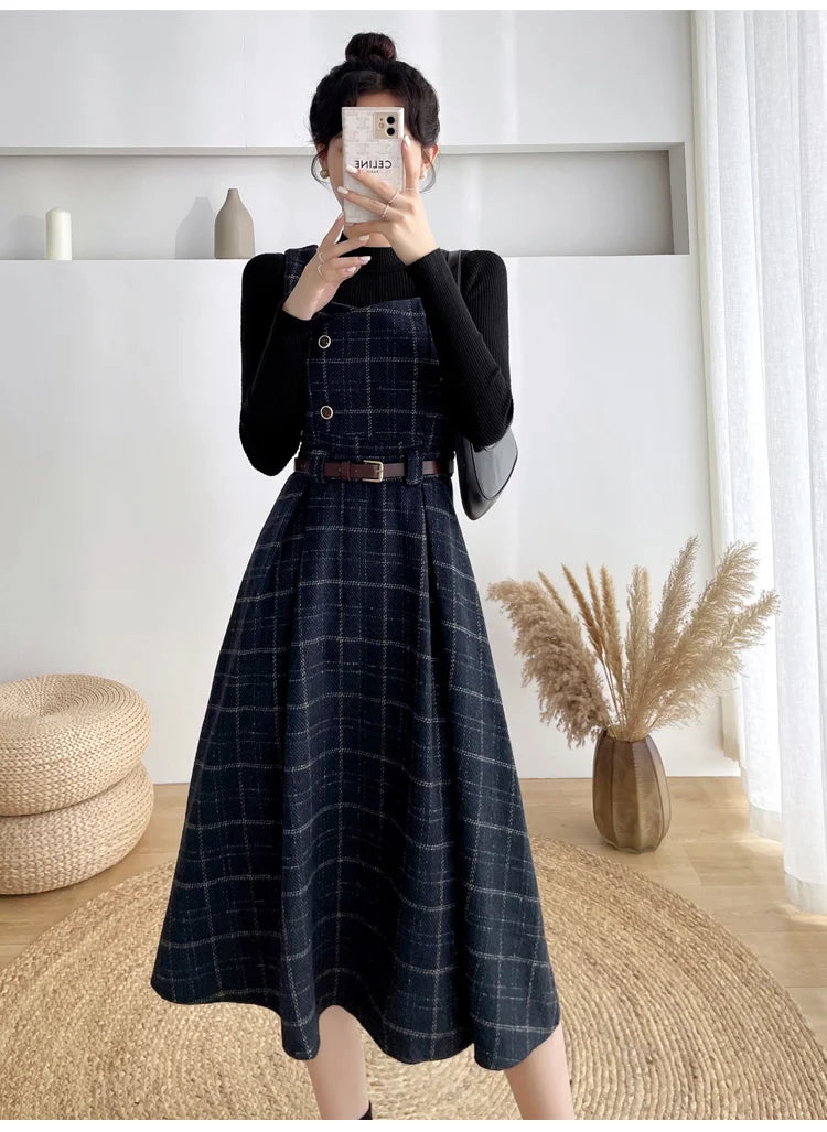 High Quality Fall Winter Women Sweater Overalls Dress Sets Casual Knitted Tops +Plaid Woolen Dress 2 Piece Sets Outfits Female