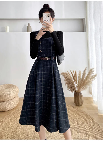 High Quality Fall Winter Women Sweater Overalls Dress Sets Casual Knitted Tops +Plaid Woolen Dress 2 Piece Sets Outfits Female