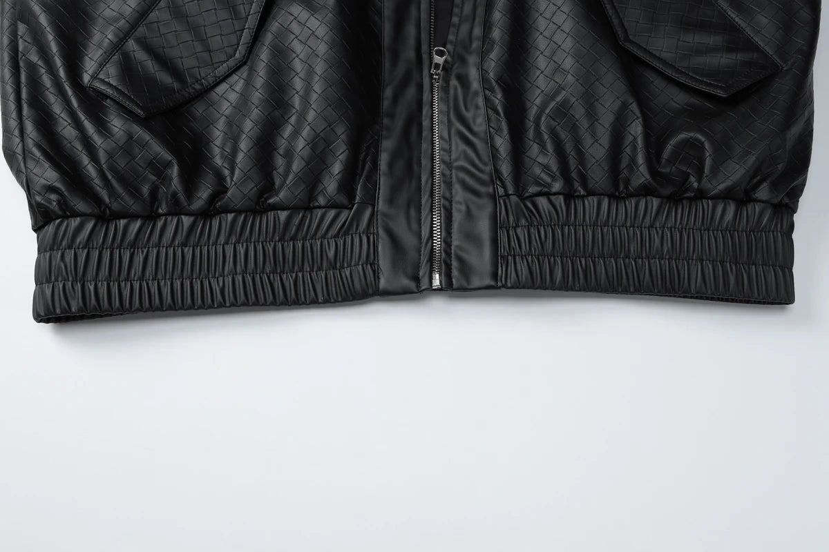 Dulzura 2025 Autumn Fashion Casual Turn-Down Collar Long Sleeve Zipper Slim Woven Leather Jacket Party Club Street Style Clothes