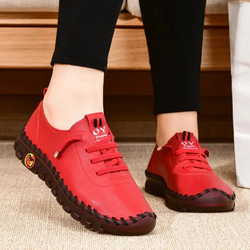 EtherealBe red comfortable casual loafers for women with lace-up design and stylish stitching