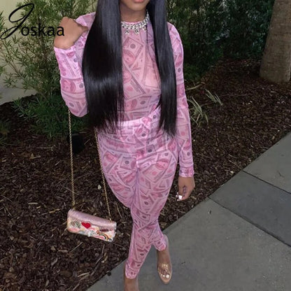 Joskaa Mesh Print Night Club Long Sleeve Bodysuit & Pants 2 Pieces Set Outfits Fashion Outwear Autumn 2020 Tracksuit Woman