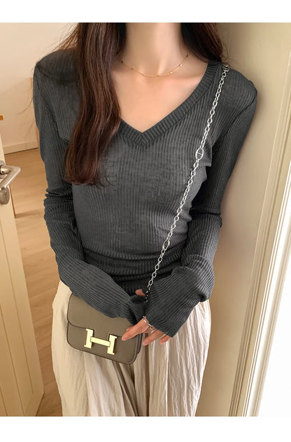 Autumn Sexy Classic V-neck Knitted Female T-shirts New Elastic Fashion Slim Simple Casual Pure Color Long Sleeves Women T-shirts