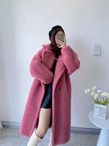 Winter Jacket Women Long Coat  Wool Woven Fabric Thick Warm Outerwear Oversize Fashion Streetwear Teddy Bear Coats