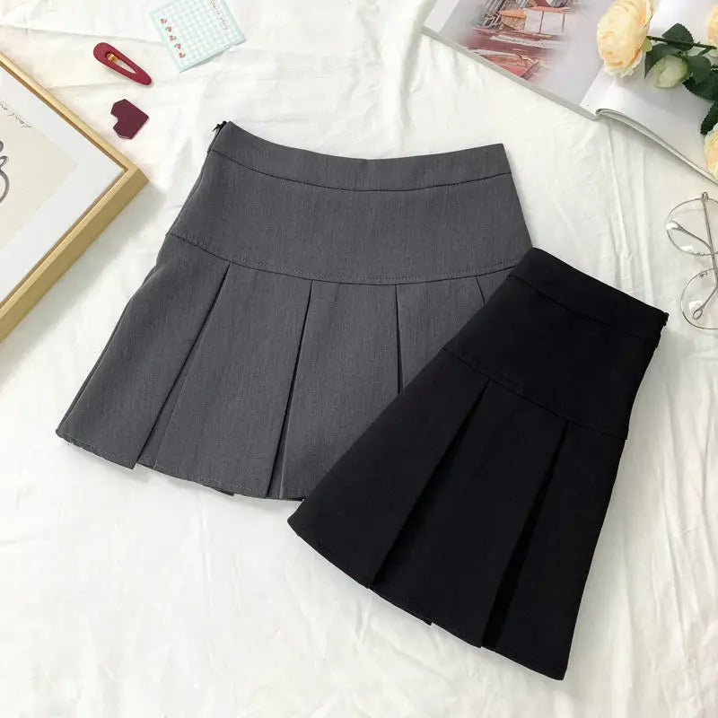 ZOKI  Vintage Gray Pleated Skirt Women Kawaii High Waist Mini Skirts Korean Fashion School Uniform Harajuku Streetwear Spring