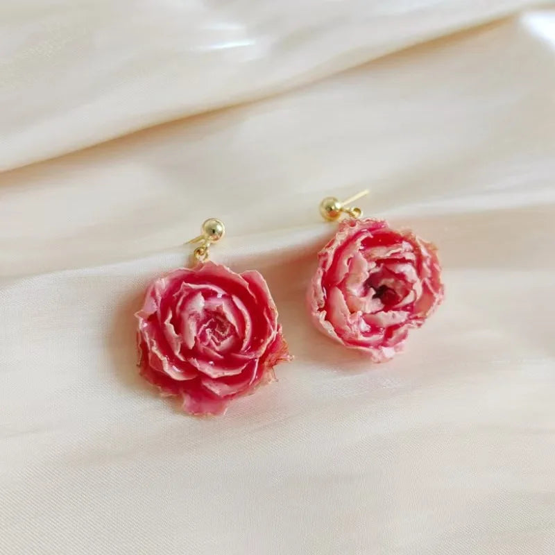 Unique Immortal Flower Earrings Elegant Natural Flower Pearl Drop Earrings Statement Jewelry Epoxy Resin Real Rose Earring 2024