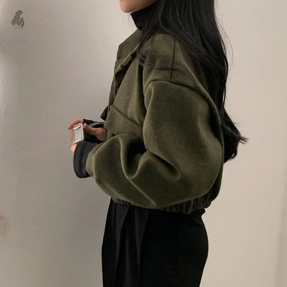 Autumn and Winter Loose Wool Coat for Women's Pocket Stand Collar Top Long Sleeve Button Hong Kong Style Wool Coat