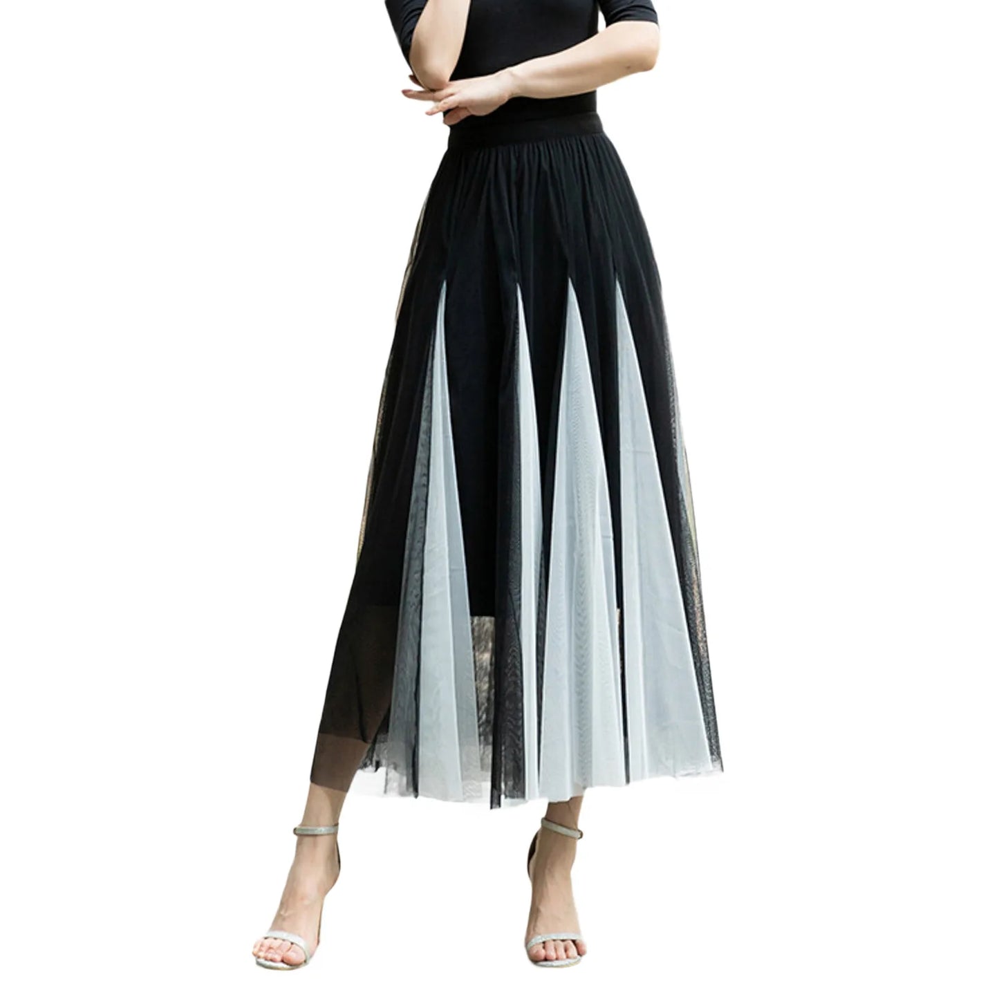 Women Color Block A-line Skirt Mid Length Drape Feeling High Waist Slim Mesh Skirts Carnival Festival Party Performance Costume