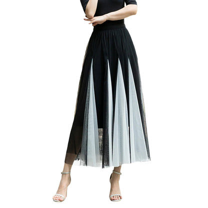 Women Color Block A-line Skirt Mid Length Drape Feeling High Waist Slim Mesh Skirts Carnival Festival Party Performance Costume