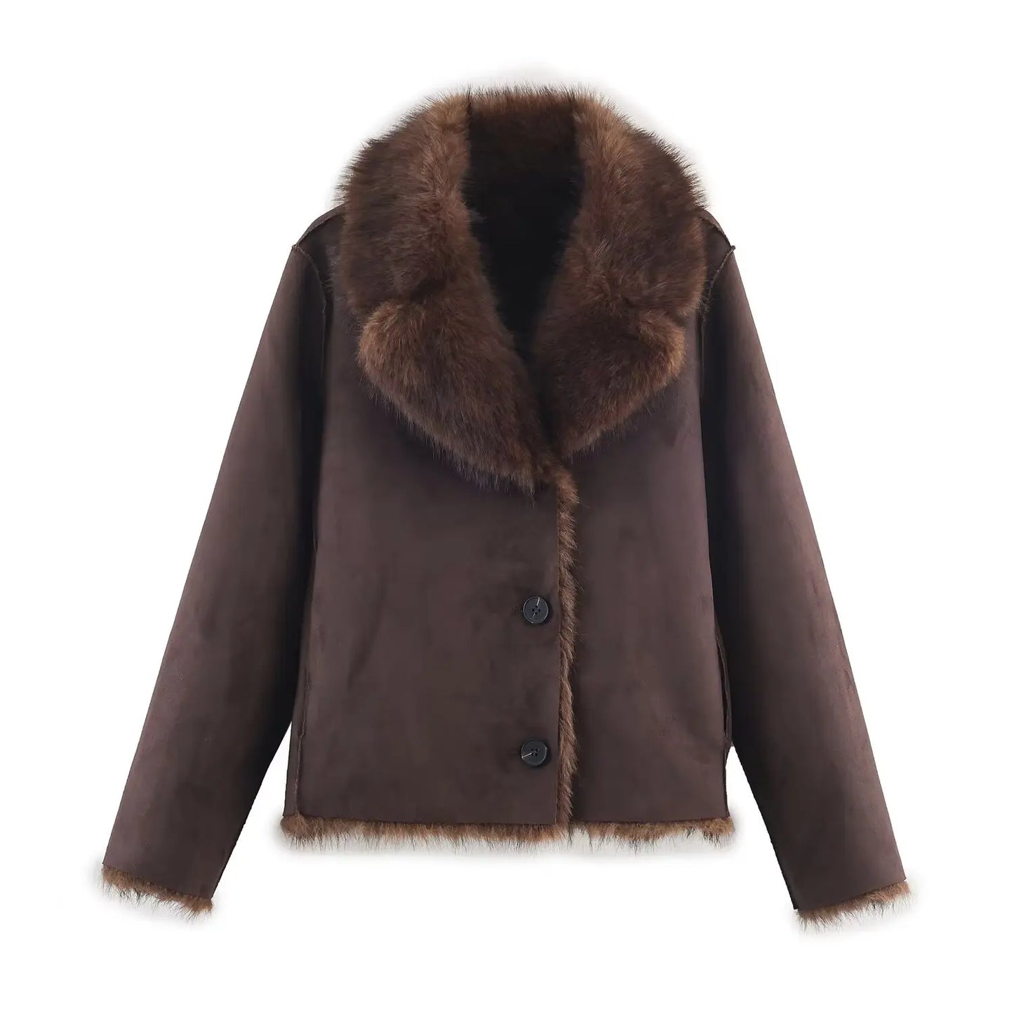 HH Winter Woman Elegant Casual Warm Coat Women Lapel Buttons Pocket Long Sleeves Outwear Reversible Faux Fur Effect Jacket