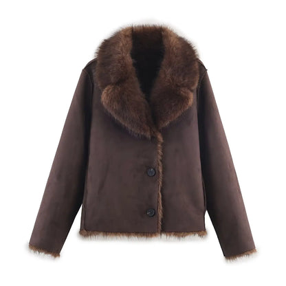 HH Winter Woman Elegant Casual Warm Coat Women Lapel Buttons Pocket Long Sleeves Outwear Reversible Faux Fur Effect Jacket